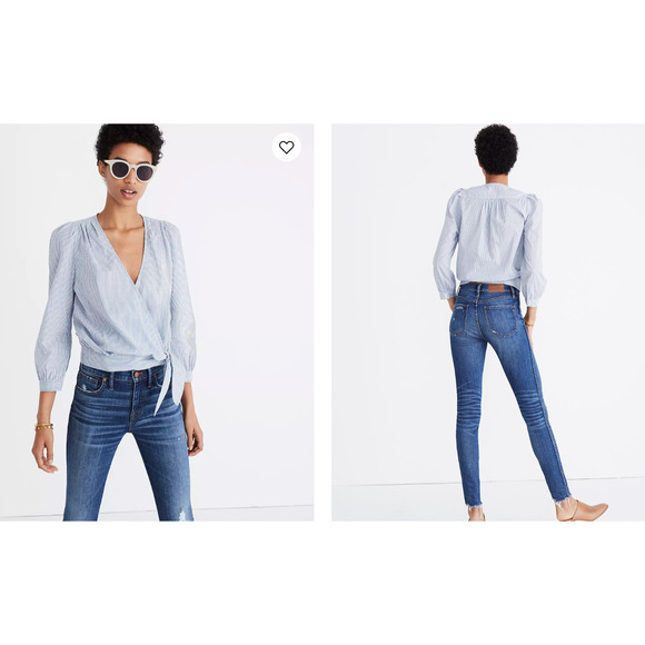 Madewell Wrap Stripe Crop Top Size XS Indigo Stripe Side Tie V Neck 3/4 Sleeves - Picture 1 of 12